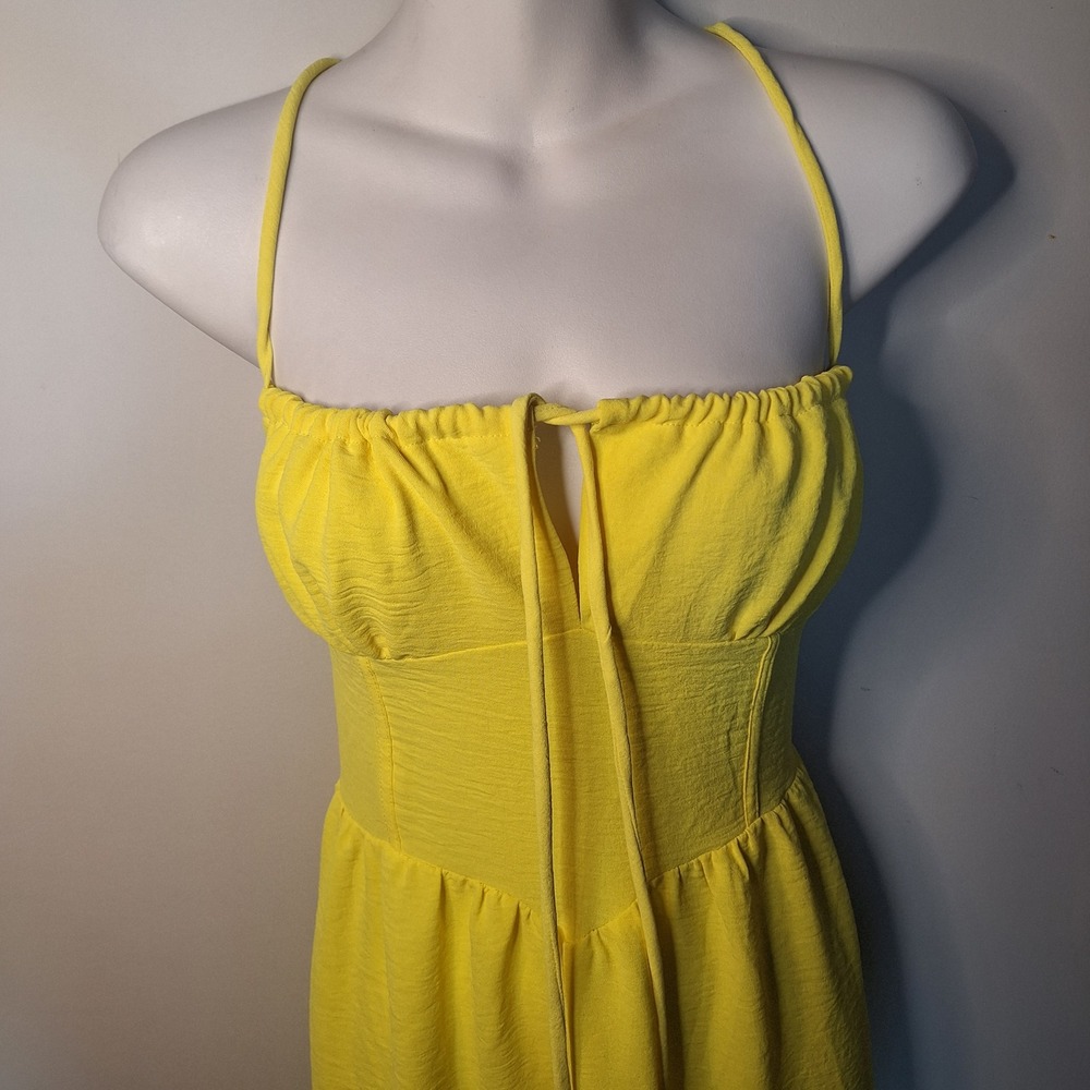 Fashion Nova Butter Yellow Tie Front Smocked Midi Dress Size Large - Picture 3 of 8